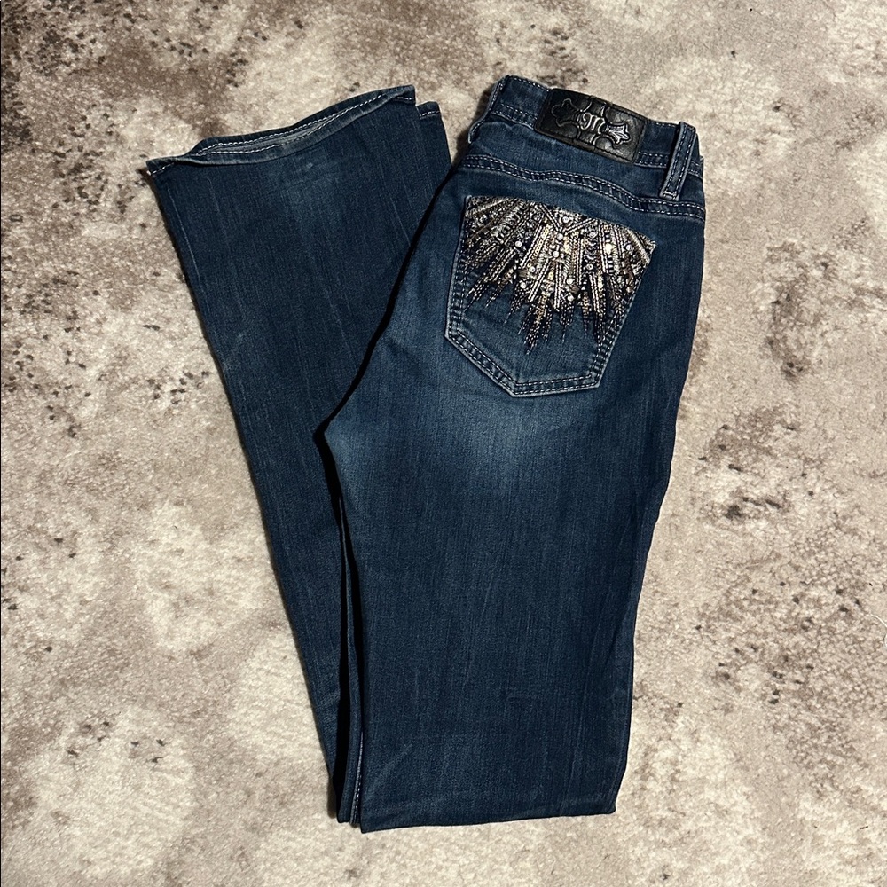 Miss Me Dark Blue Boot Cut Jeans with Silver Sequin Embellishments